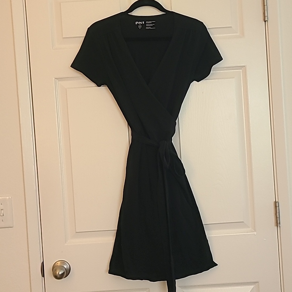 Pact Black Knee Length True Wrap Short Sleeve Dress